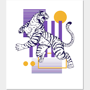 Retro 80s Purple & Gold Tiger on the Attack // Vintage Geometric Shapes Background Posters and Art